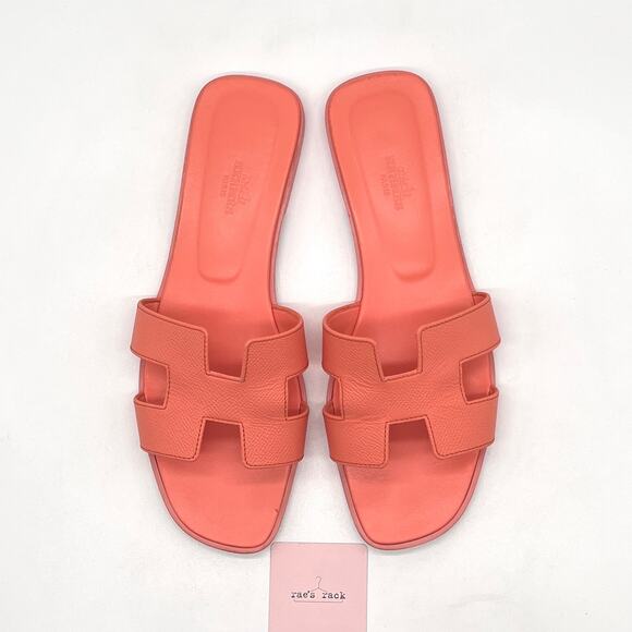 HERMES Oran Sandal Orange Joey Epsom Womens Size 39 Calf Leather Flat - Picture 3 of 16